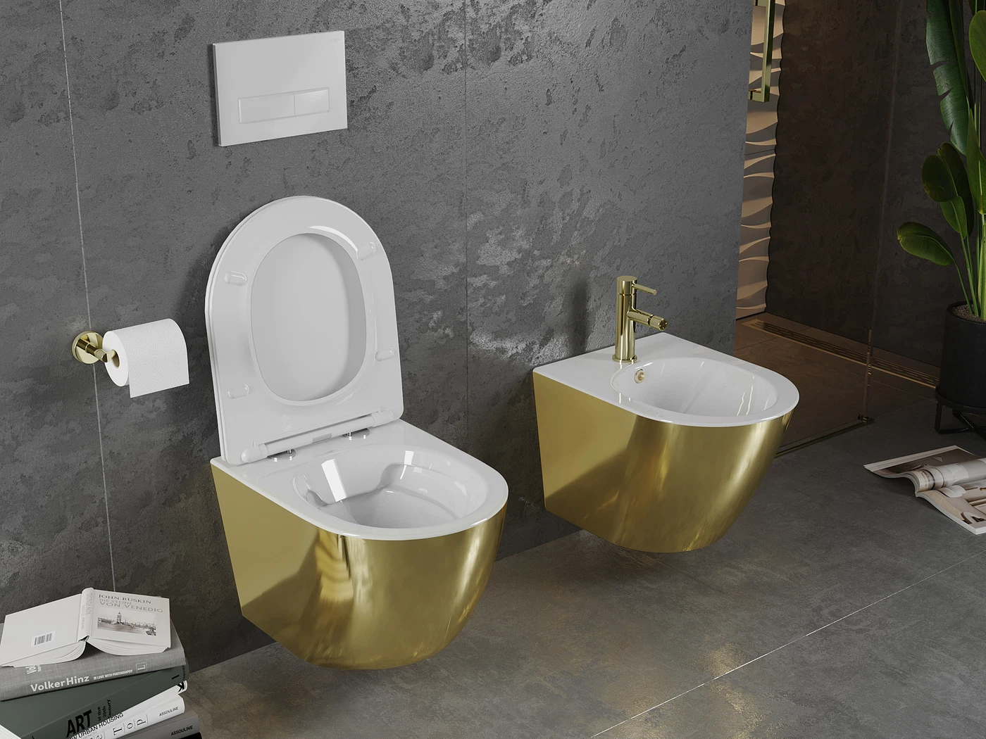 Vas wc suspendabil Rimless cu capac slim cu închidere lentă culoare alb/auriu model Lensa [3]