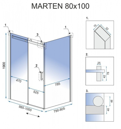 Cabină de duș culisantă  de colț mărime 100x80 cm culoare crom lucios sticlă securizată de 6 mm model Marten Chrome [8]
