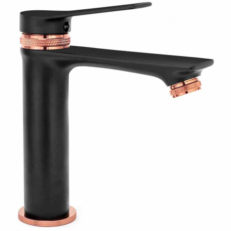 Baterii chiuvetă - Baterie lavoar culoare neagră înălțime 18 cm material alamă model Viral Black/Rose Gold Low