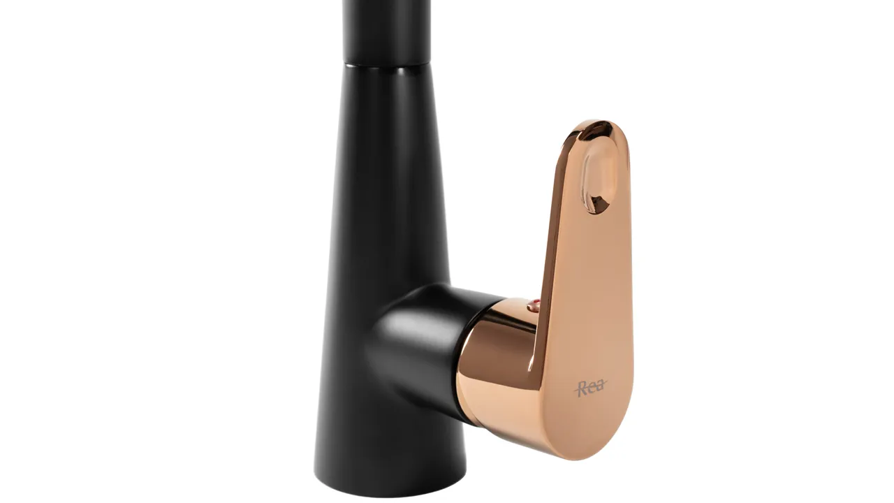 Baterie bucătărie culoare negru mat înălțime 43 cm material alamă model Mild Black Rose Gold [4]