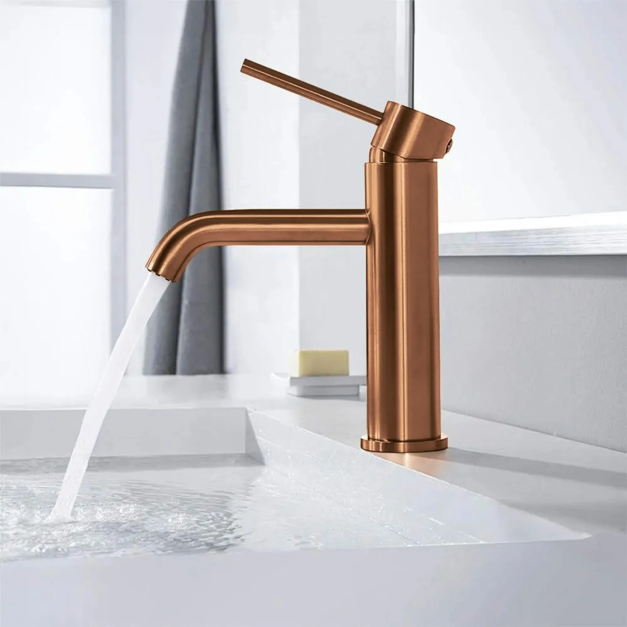 Baterie chiuveta finisaj cupru periat înălțime 16.5 cm material alamă model Lungo Copper Brush Low [2]