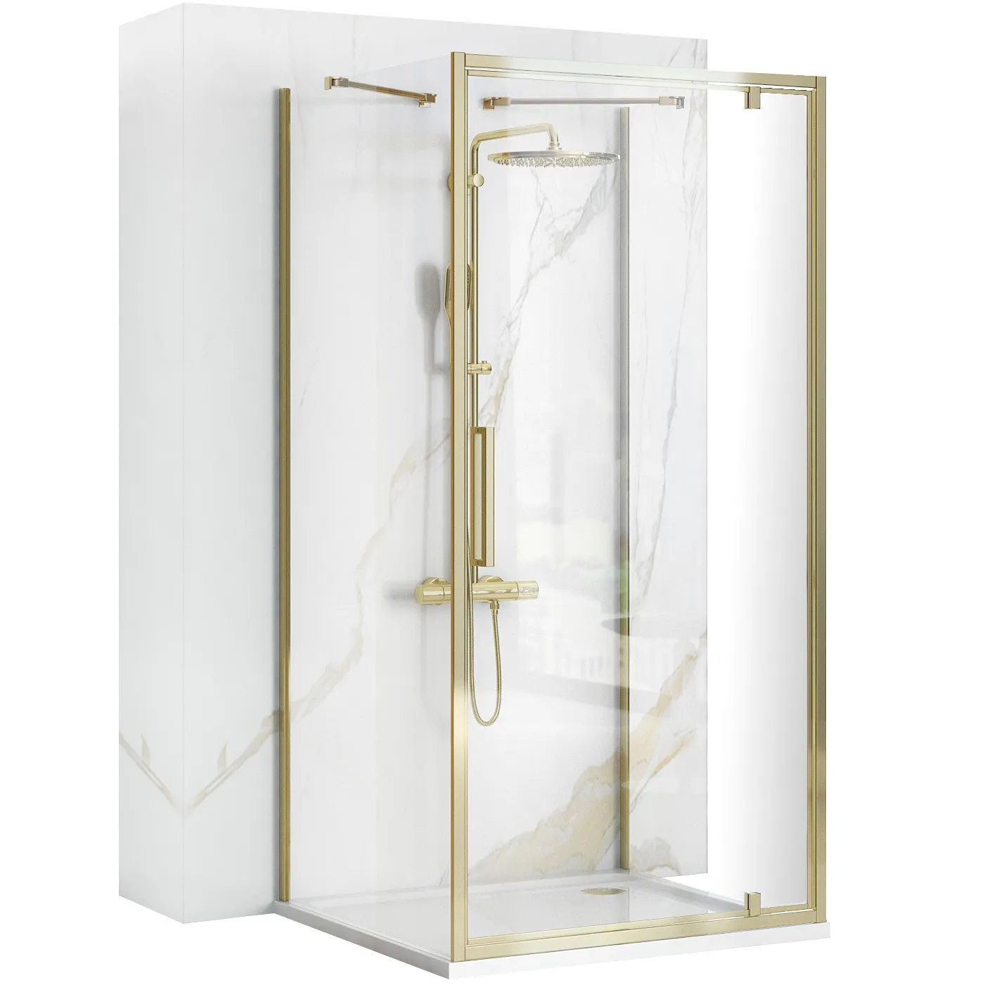 DUȘ - Cabină de duș batantă de perete mărime 90x80 cm culoare auriu lucios sticlă securizată de 6 mm model Rapid Swing Gold