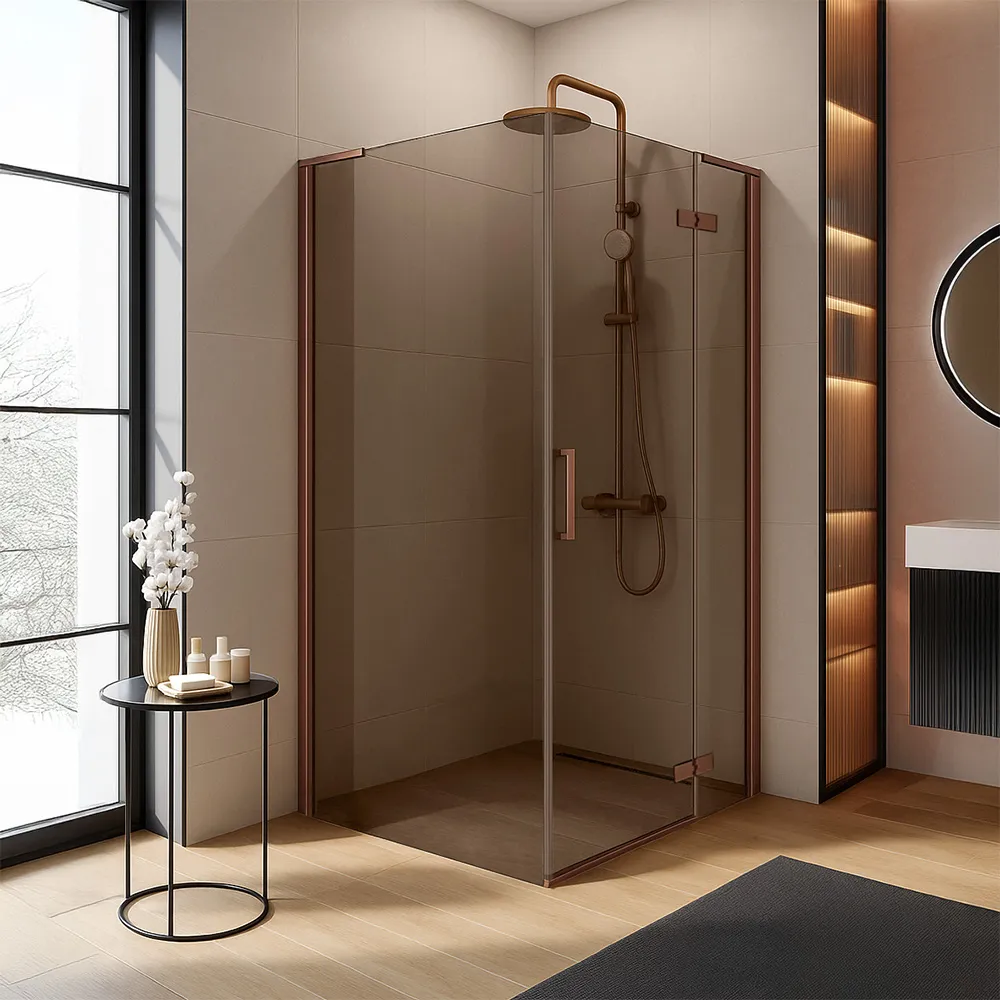 Cabină de duș batantă mărime 80x90 cm finisaj cupru periat sticlă securizată de 6 mm fumurie model Hugo Copper Brush [1]