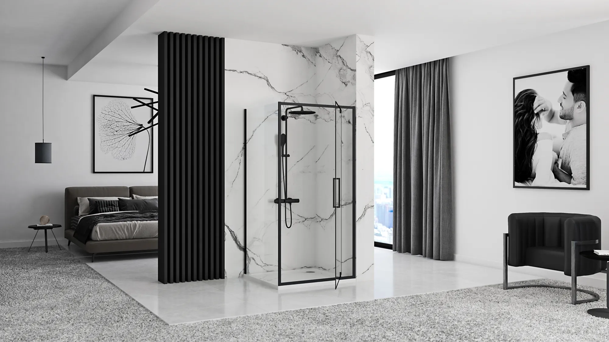 Cabină de duș batantă de colț mărime 120x100 cm culoare negru mat sticlă securizată de 6 mm model Rapid Swing Black [3]