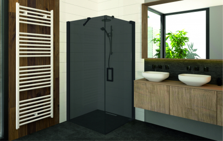 Cabină de duș batantă de colț mărime 80x80 cm culoare negru mat sticlă fumurie securizată de 8 mm model WST 03