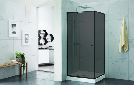 Cabină duș batantă de colț mărime 90x90 cm culoare negru mat sticlă securizată de 6 mm fumurie model WST 09