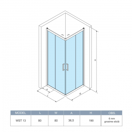 Cabină de duș culisantă de colț mărime 80x80 cm culoare crom lucios sticlă securizată de 6 mm model WST 13 [10]