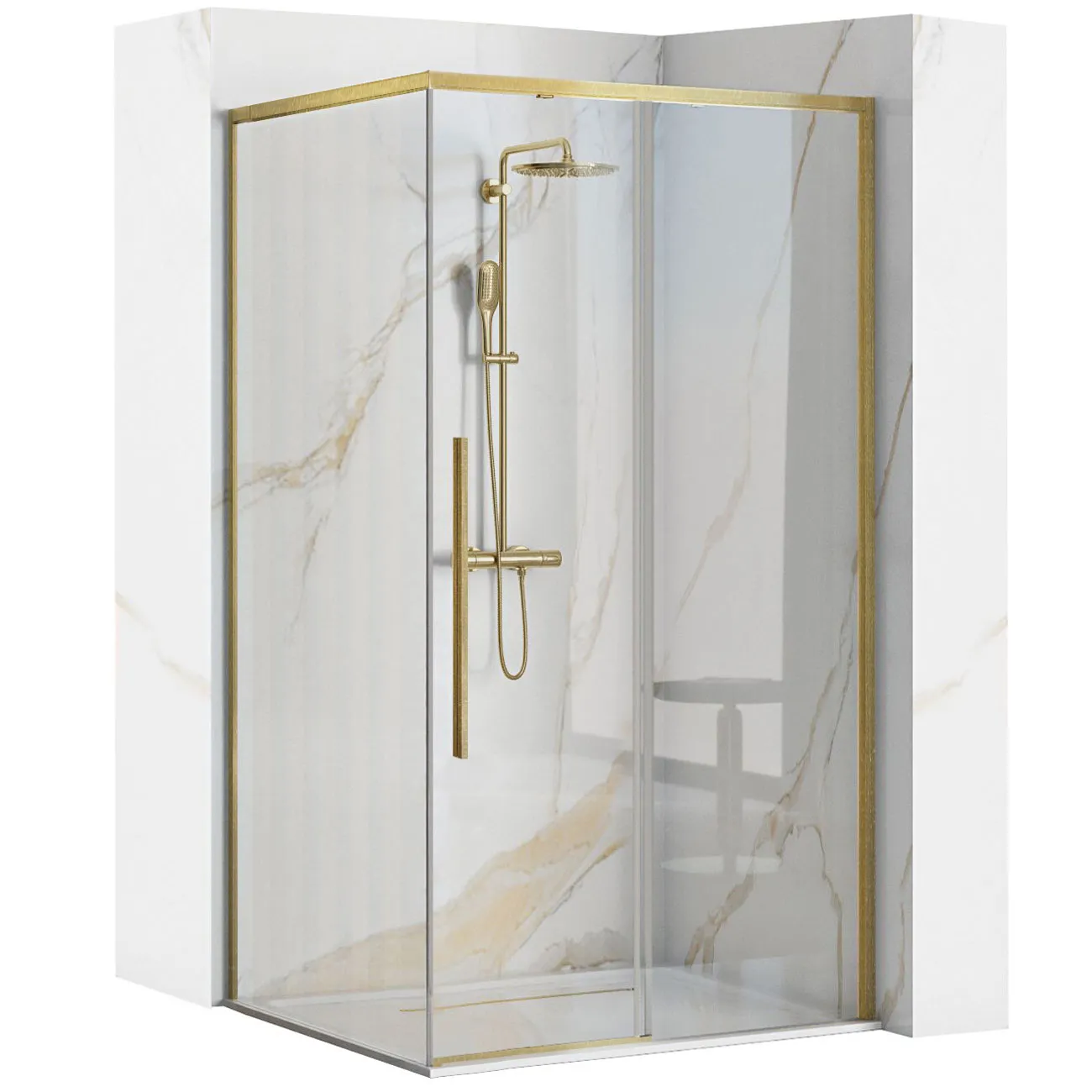 Cabine de duș - Cabină de duș culisantă de colț mărime 90x90 cm finisaj auriu periat sticlă securizată de 6 mm model Solar Gold Brush