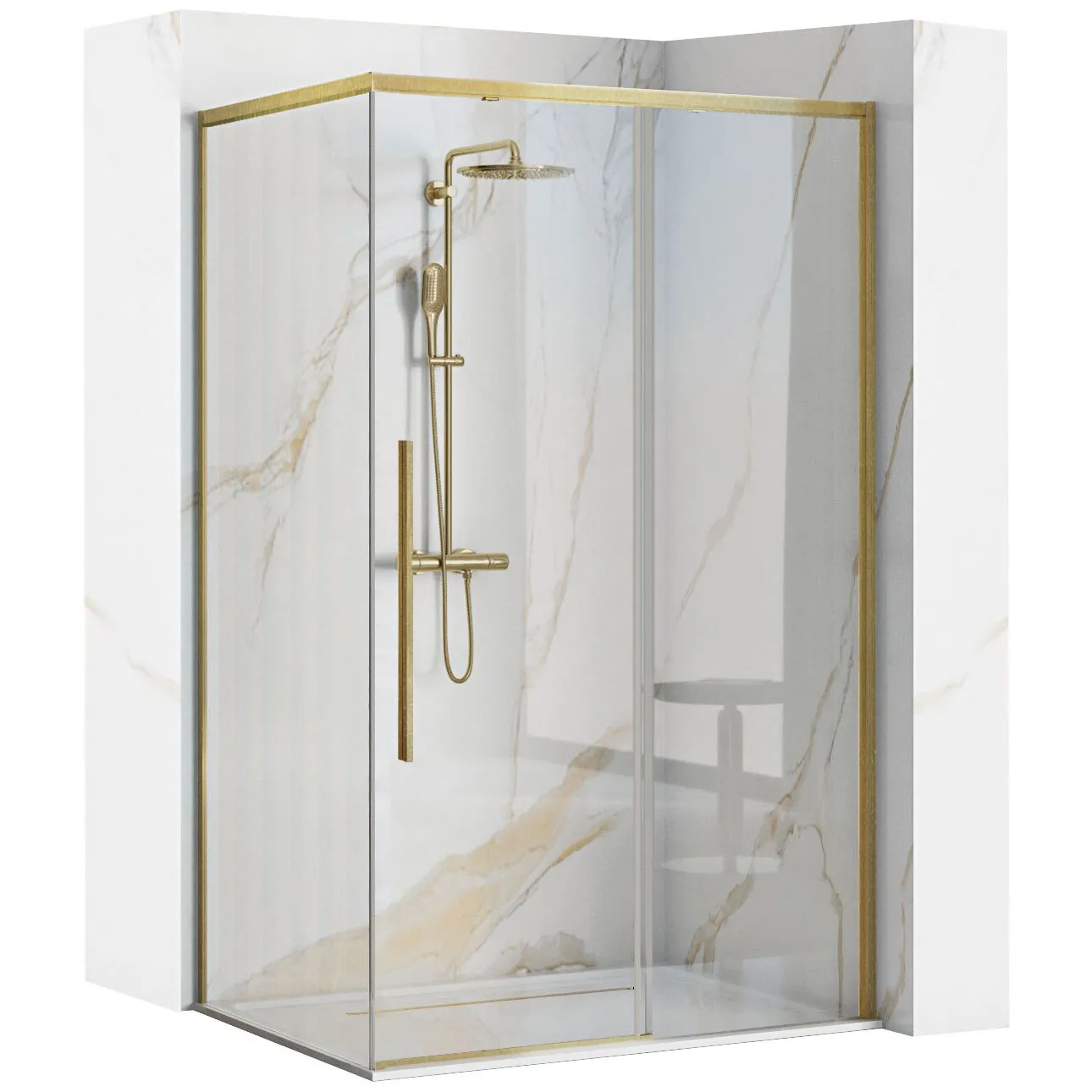 Cabine de duș - Cabină de duș culisantă de colț mărime 120x90 cm finisaj auriu periat sticlă securizată de 6 mm model Solar Gold Brush