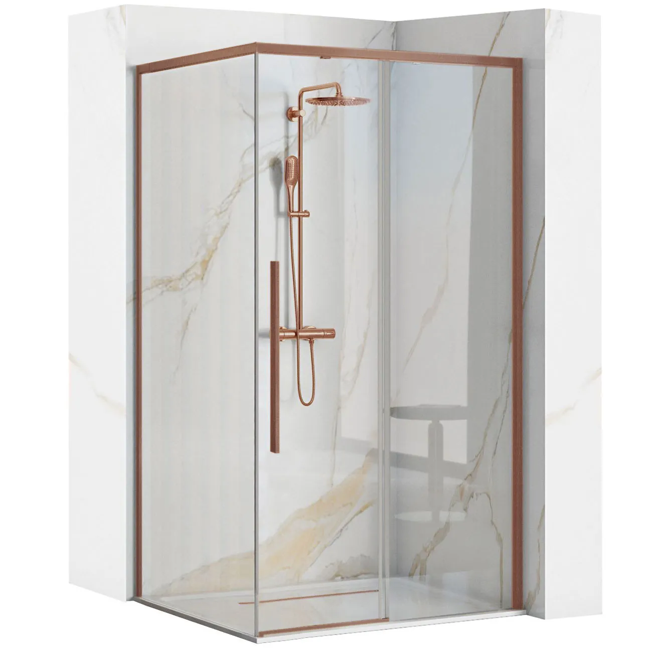 Cabină de duș culisantă de colț mărime 90x90 cm finisaj cupru periat sticlă securizată de 6 mm model Solar Copper Brush