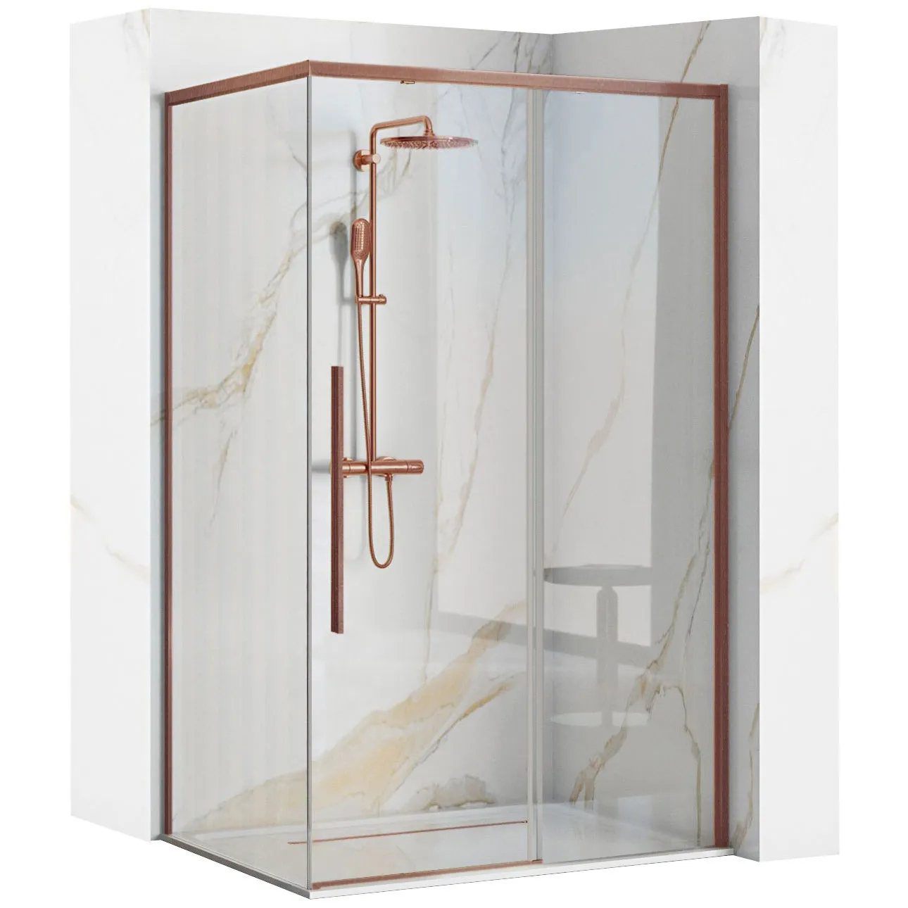 Cabină de duș culisantă de colț mărime 100x80 cm finisaj cupru periat sticlă securizată de 6 mm model Solar Copper Brush
