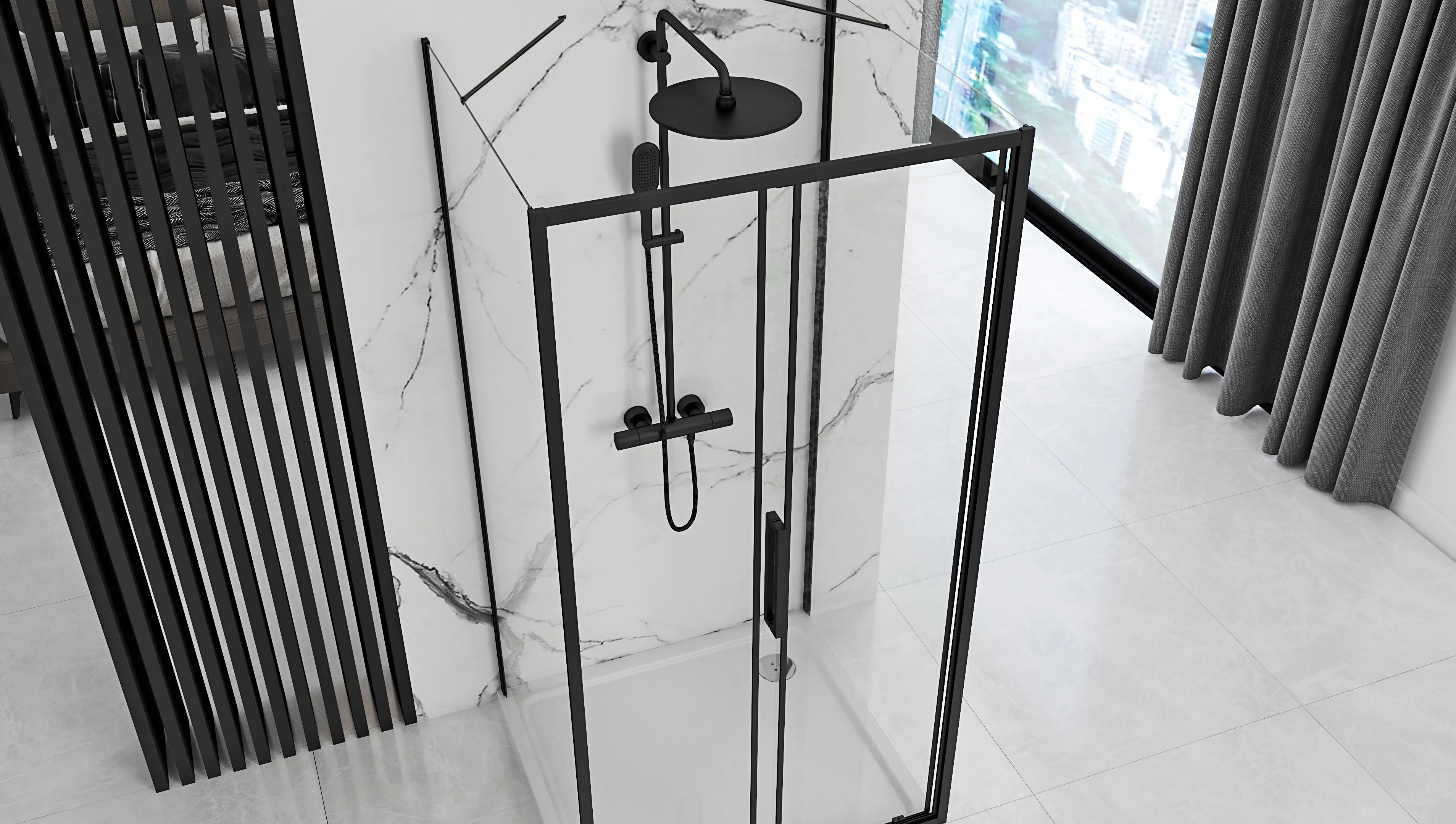 Cabină de duș culisantă de perete mărime 140x80 cm finisaj negru mat sticlă securizată de 6 mm model Rapid Slide Black [1]