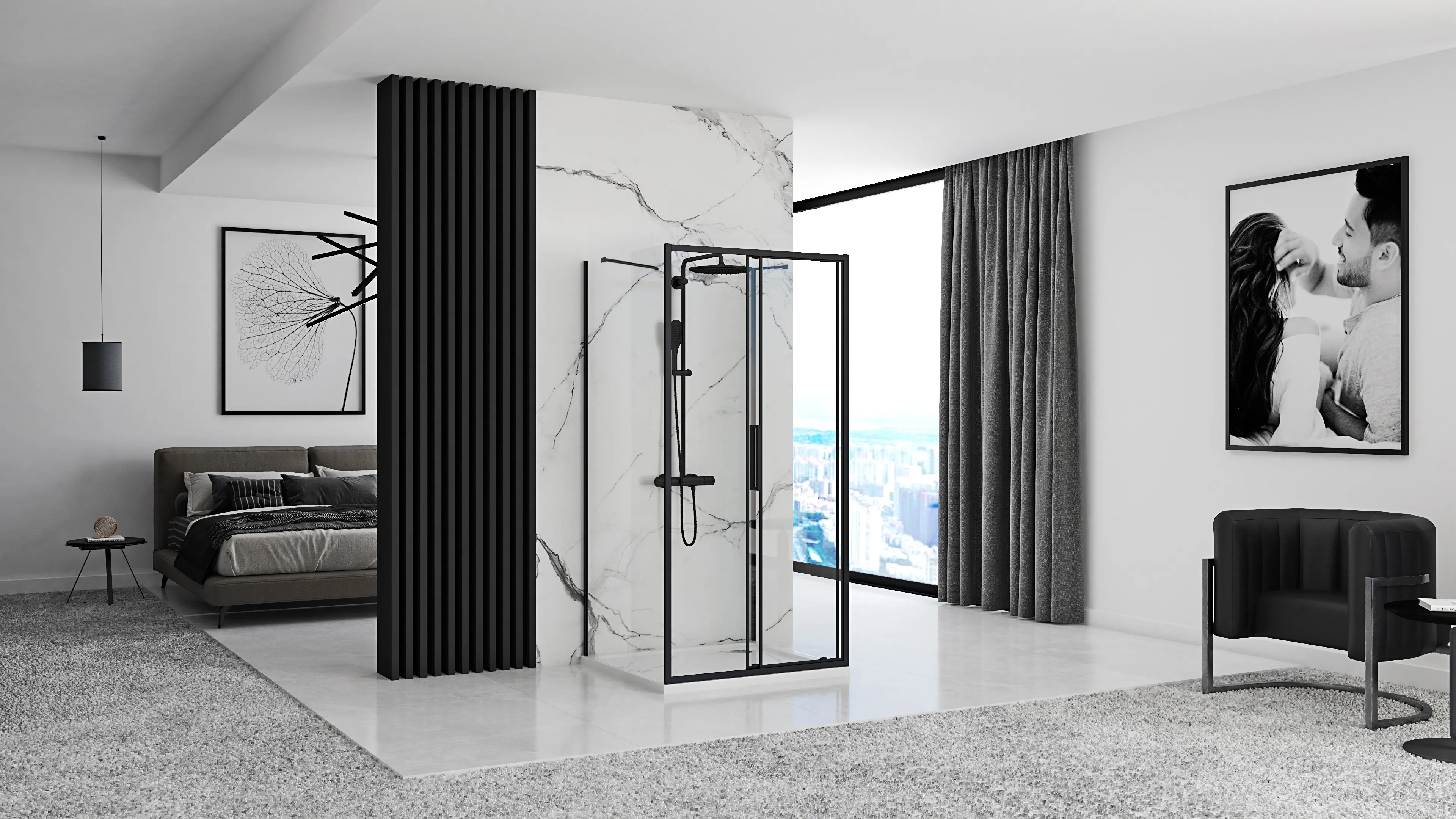 Cabină de duș culisantă de perete mărime 140x80 cm finisaj negru mat sticlă securizată de 6 mm model Rapid Slide Black [3]