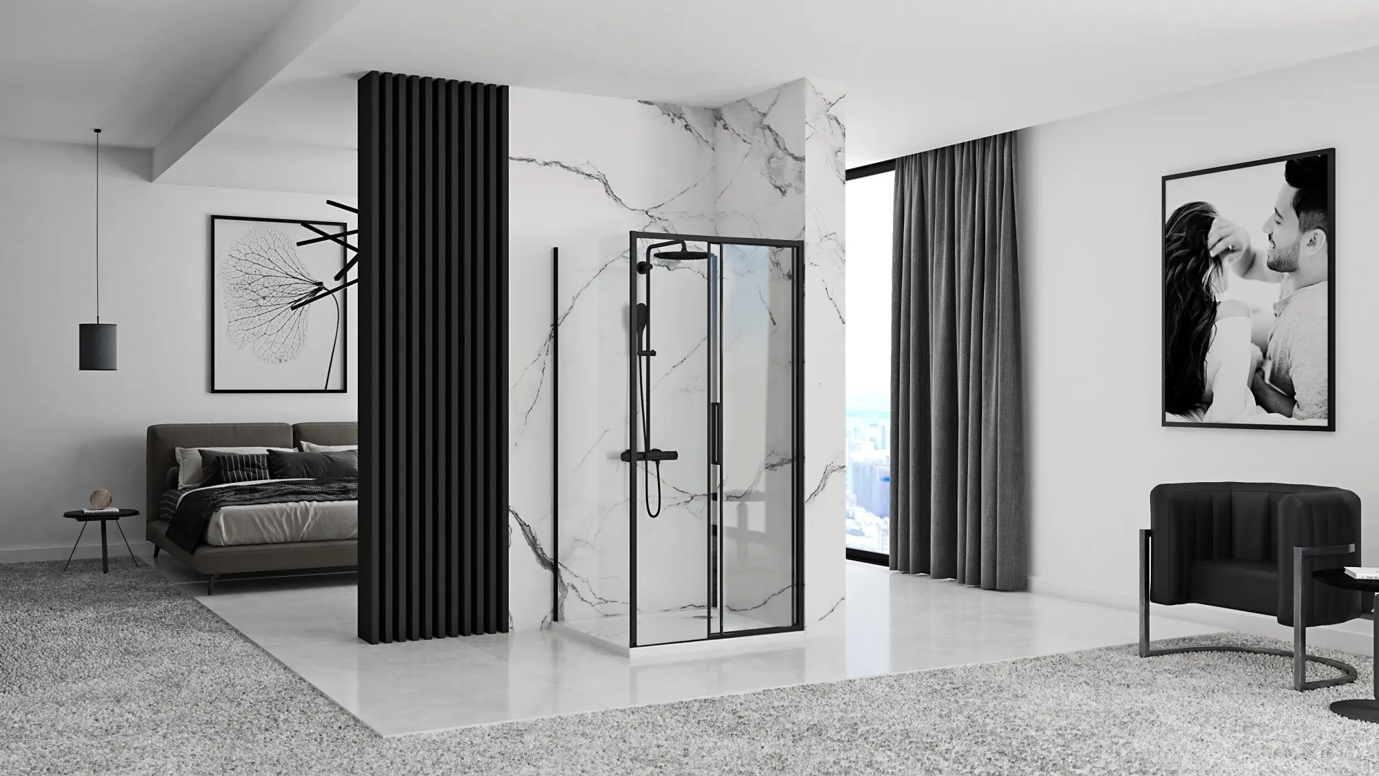 Cabină duș culisantă de colț mărime 120x100 cm finisaj negru mat sticlă securizată de 6 mm model Rapid Slide Black [3]