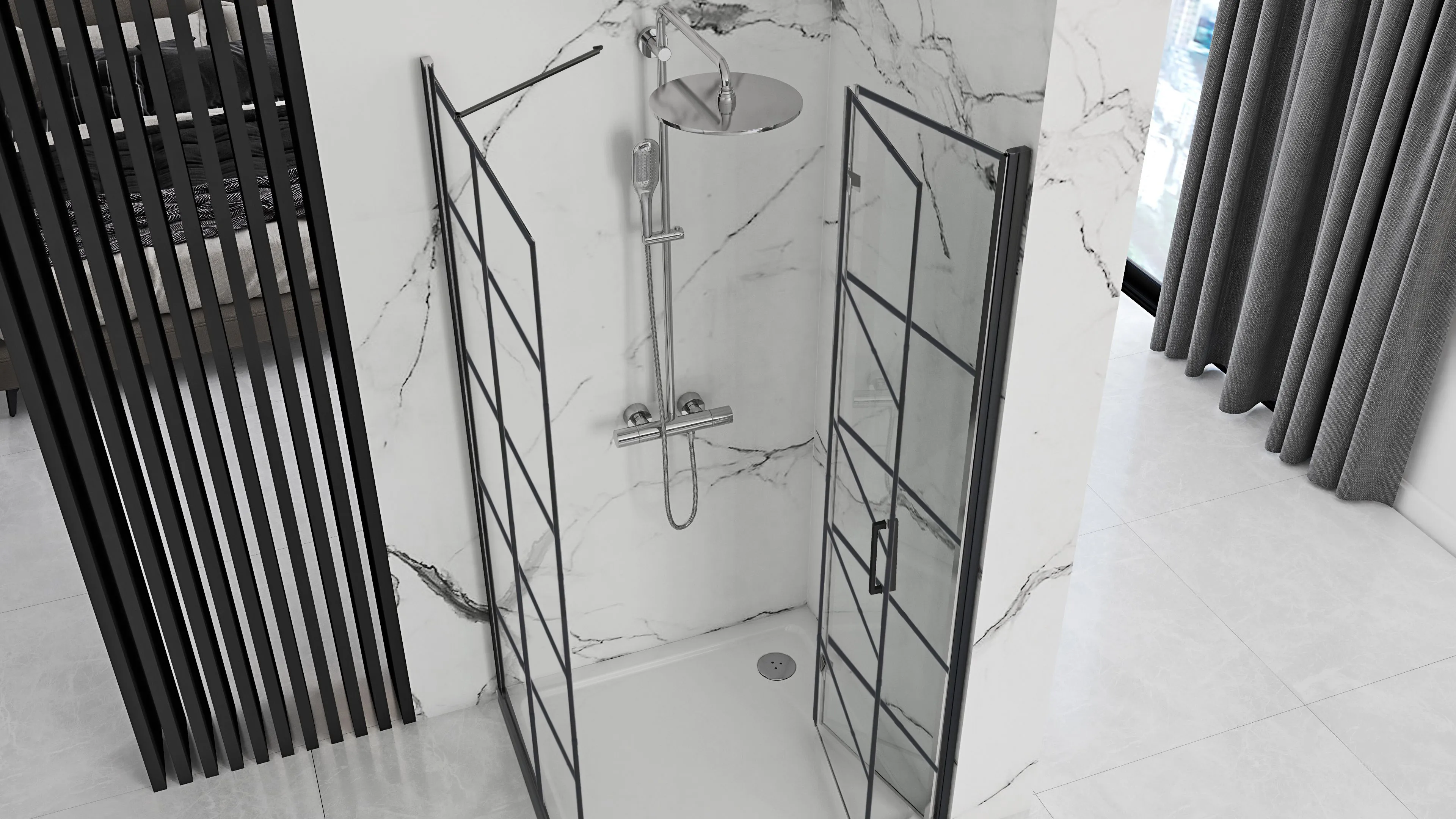 Cabină de duș pliabilă de colț mărime 90x80 finisaj negru mat sticlă securizată de 6 mm model Molier Black [1]