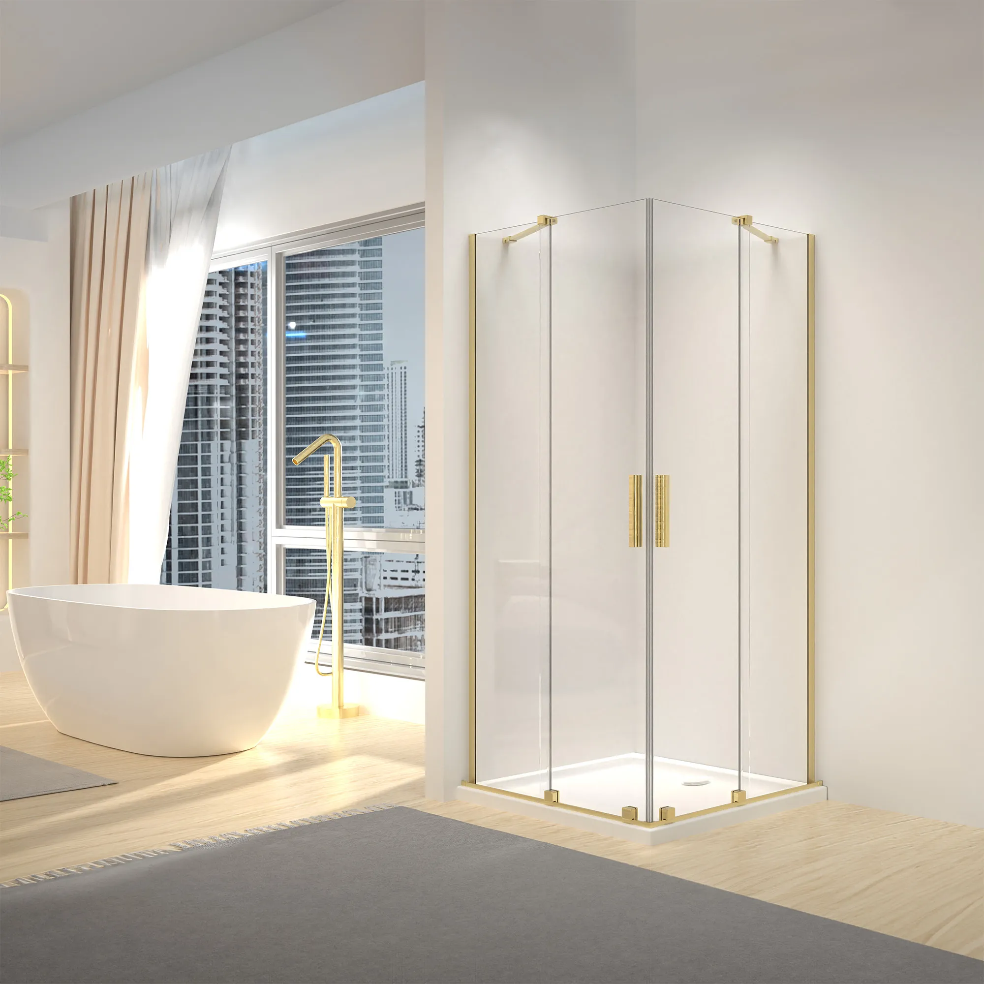 Cabină de duș culisantă de colț mărime 90x90 cm finisaj auriu periat sticlă securizată de 6 mm model Montana Double Gold Brush [1]