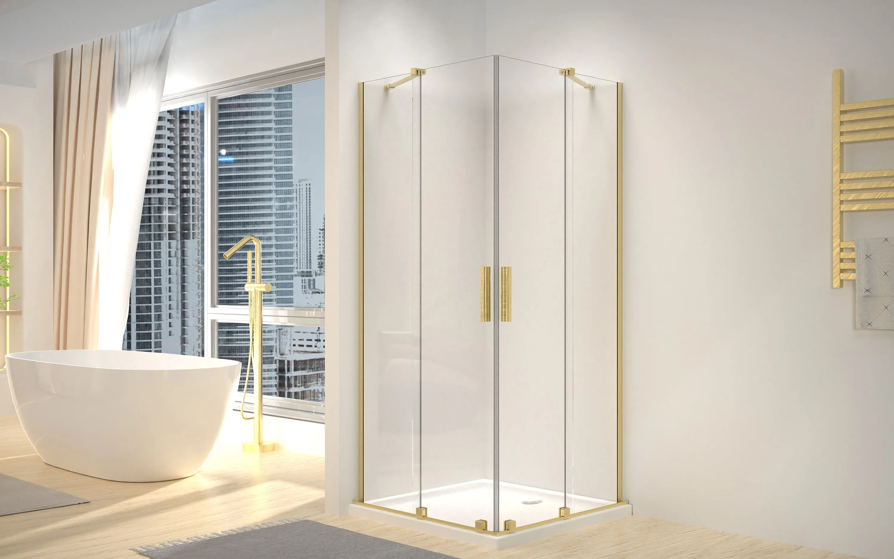 Cabină de duș culisantă de colț mărime 90x90 cm finisaj auriu periat sticlă securizată de 6 mm model Montana Double Gold Brush [2]