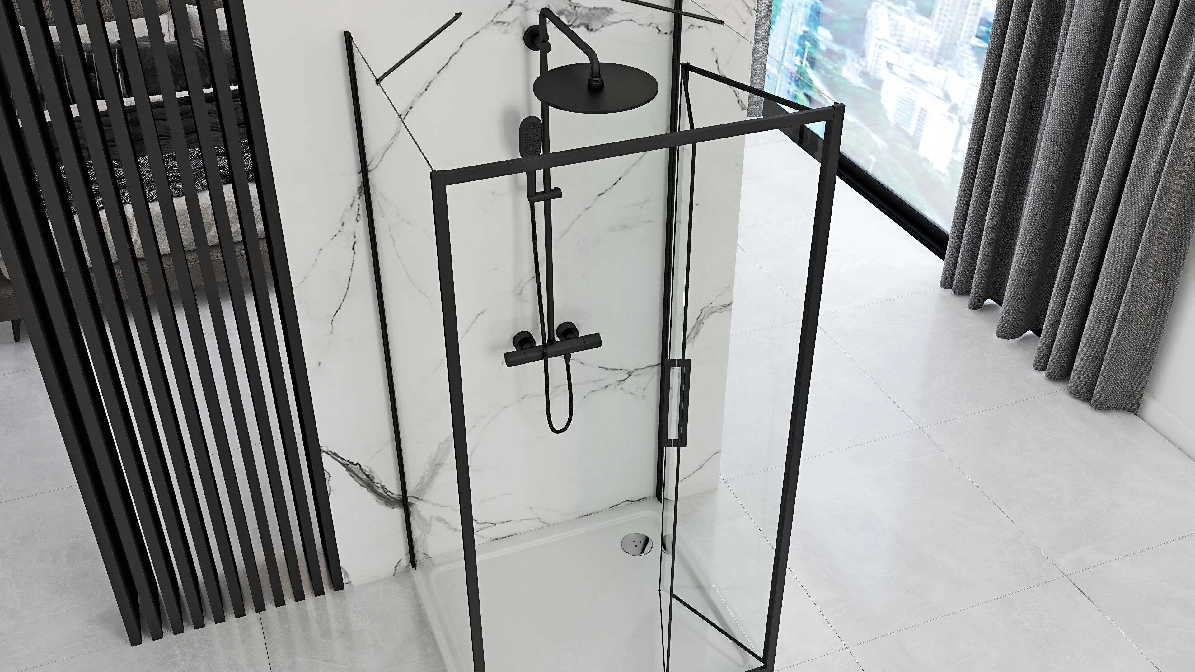 Cabină de duș pliabilă de perete mărime 90x100 cm finisaj negru mat sticlă securizată de 6 mm model Rapid Fold Black [1]