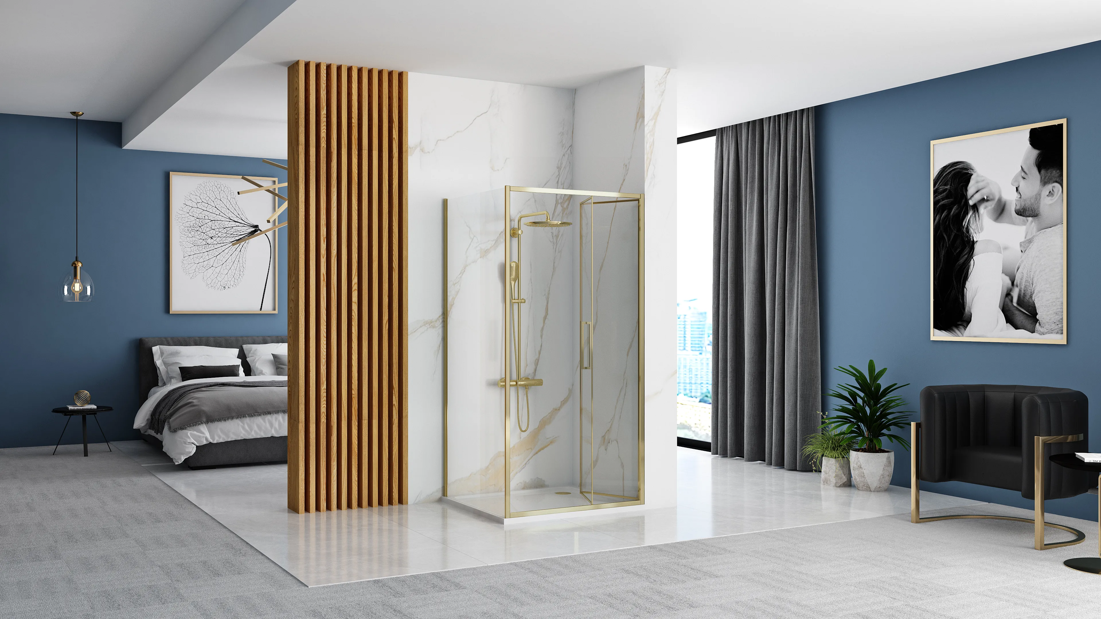 Cabină duș pliabilă de colț mărime 80x100 cm culoare auriu lucios sticlă securizată de 6 mm model Rapid Fold Gold [2]