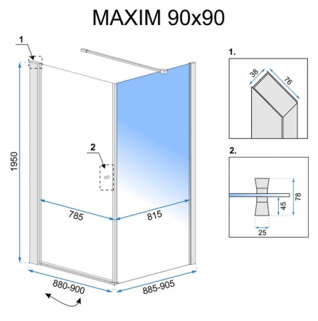 Cabină de duș batantă de colț mărime 90x90 cm culoare crom lucios sticlă securizată de 6 mm model Maxim Chrome Left [5]