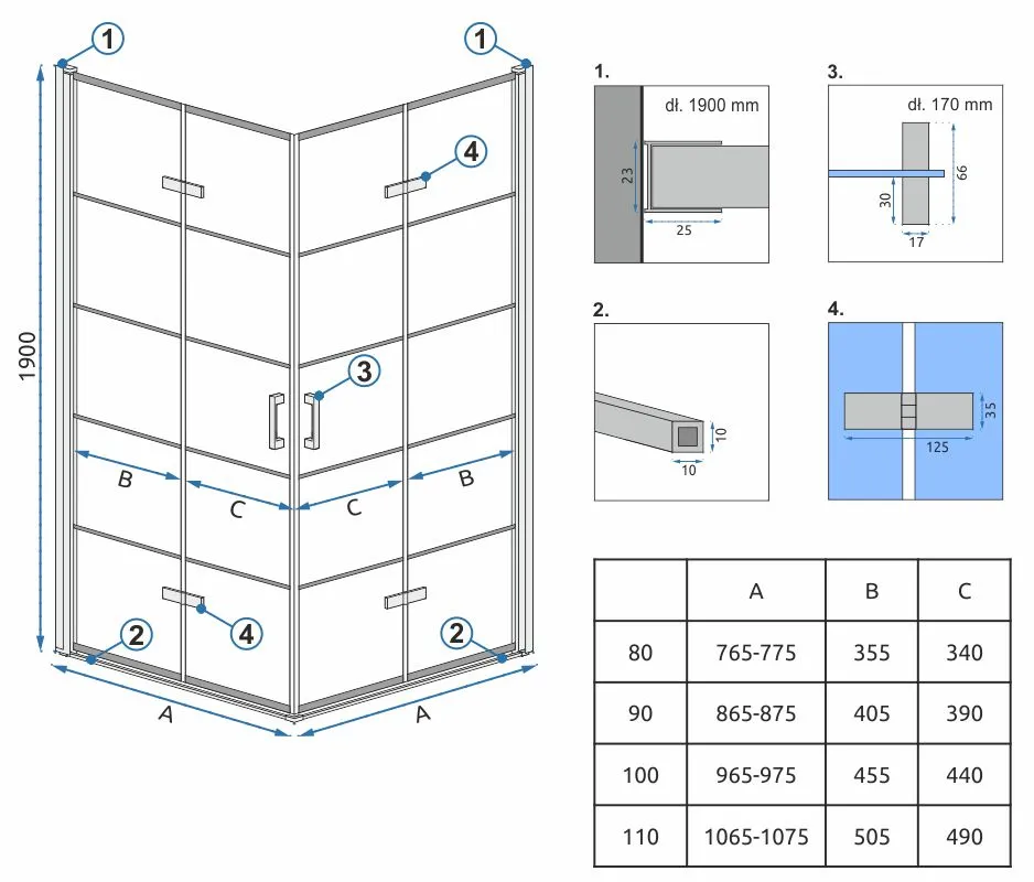 Cabină de duș pliabilă de colț mărime 90x100 finisaj negru mat sticlă securizată de 6 mm model Molier Double Black [3]