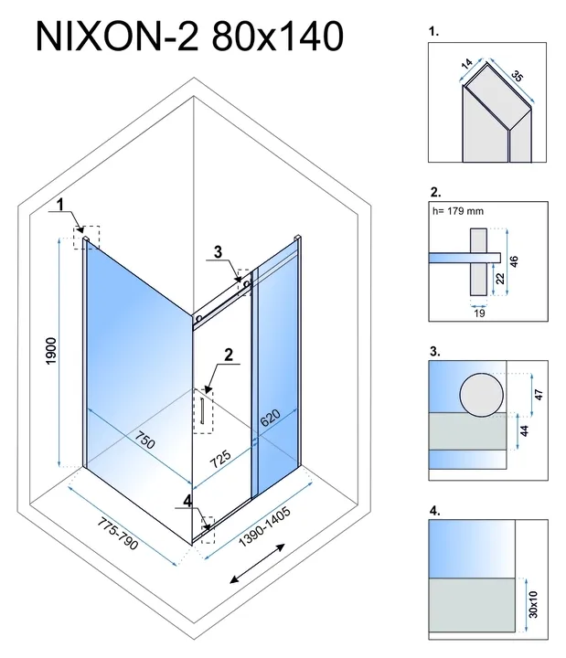 Cabină de duș culisantă de colț mărime 140x80 cm culoare crom lucios sticlă securizată de 8 mm model Nixon Chrome Right [6]