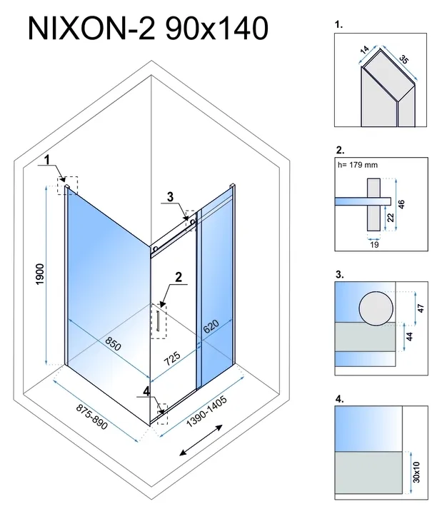 Cabină de duș culisantă de colț mărime 140x90 cm culoare crom lucios sticlă securizată de 8 mm model Nixon Chrome Right [6]