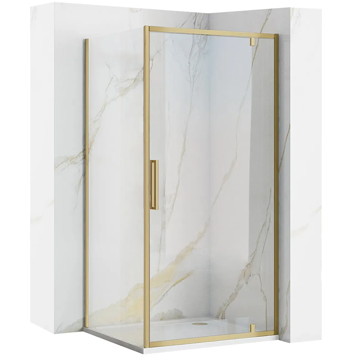 Cabină duș batantă de colț mărime 90x100 cm culoare auriu periat sticlă securizată de 6 mm model Rapid Swing Gold Brush