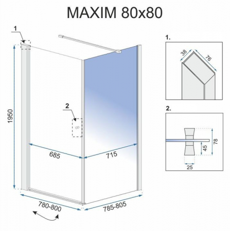 Cabină de duș batantă de colț mărime 80x80 cm culoare crom lucios sticlă securizată de 6 mm model Maxim Chrome Left [5]