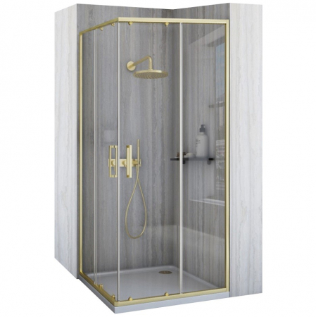 Cabine de duș - Cabină duș culisantă de colț mărime 80x80 cm culoare auriu periat sticlă securizată de 5 mm model City Gold Brush