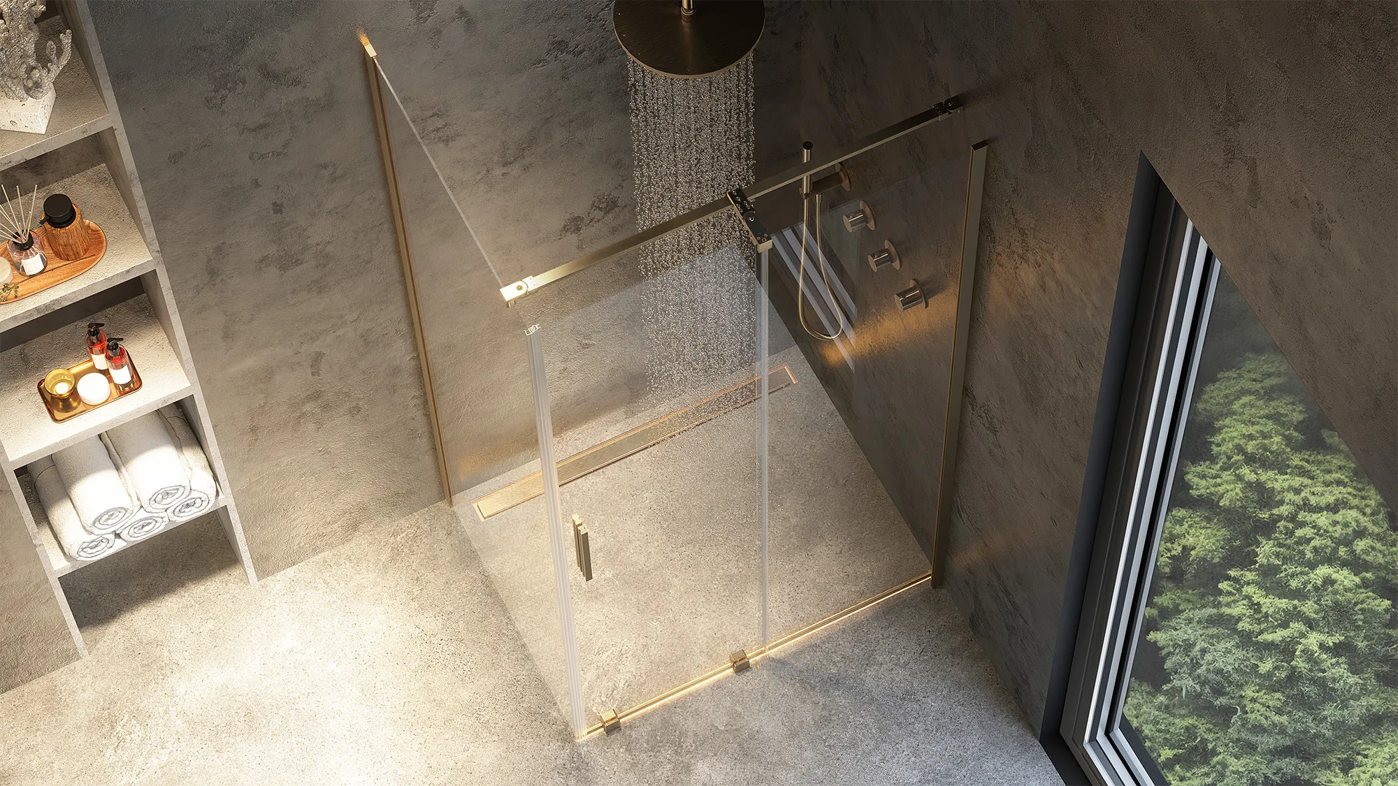 Cabină de duș culisantă de colț mărime 120x100 cm finisaj auriu periat sticlă securizată de 6 mm model Montana Gold Brush [3]