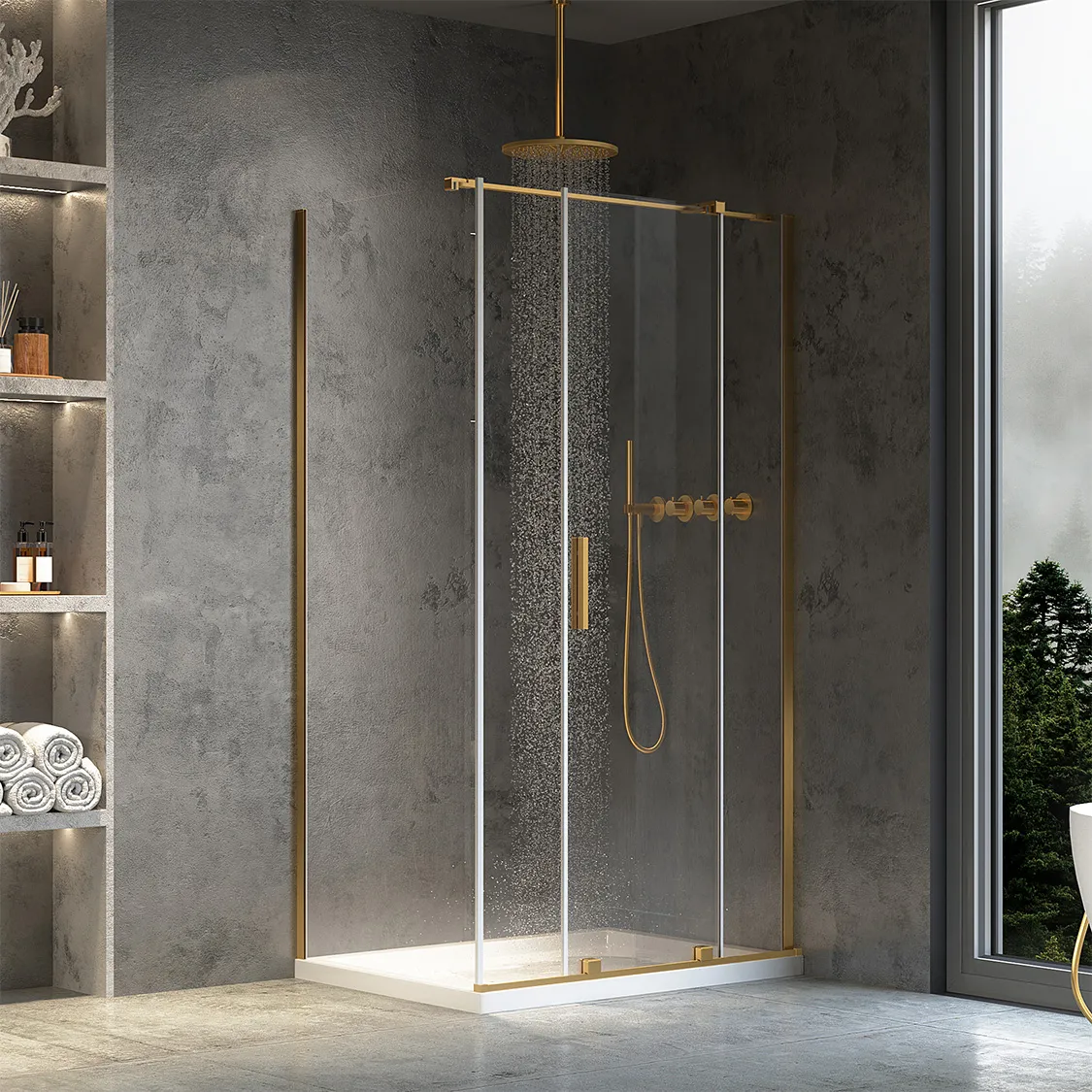 Cabină de duș culisantă de colț mărime 120x100 cm finisaj auriu periat sticlă securizată de 6 mm model Montana Gold Brush [1]