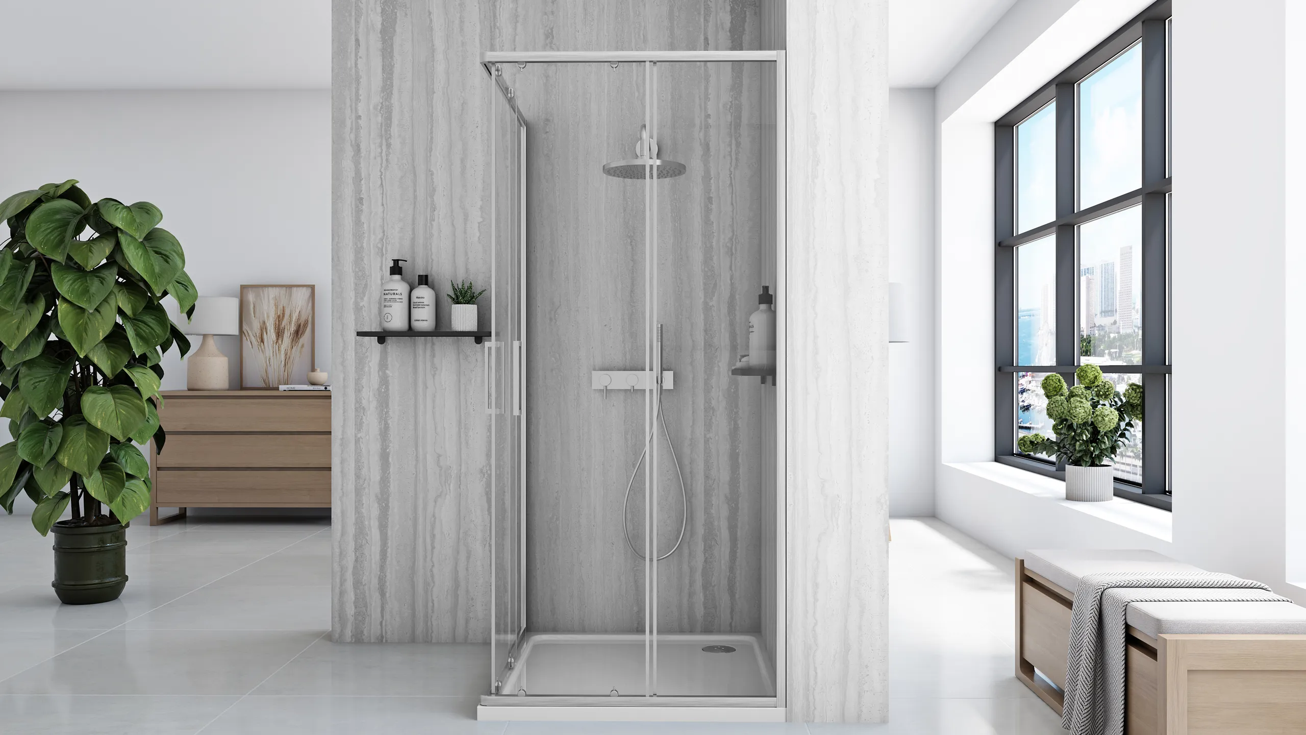 Cabină duș culisantă de colț mărime 90x90 finisaj crom periat sticlă securizată de 5 mm model City Brushed Nickel [2]