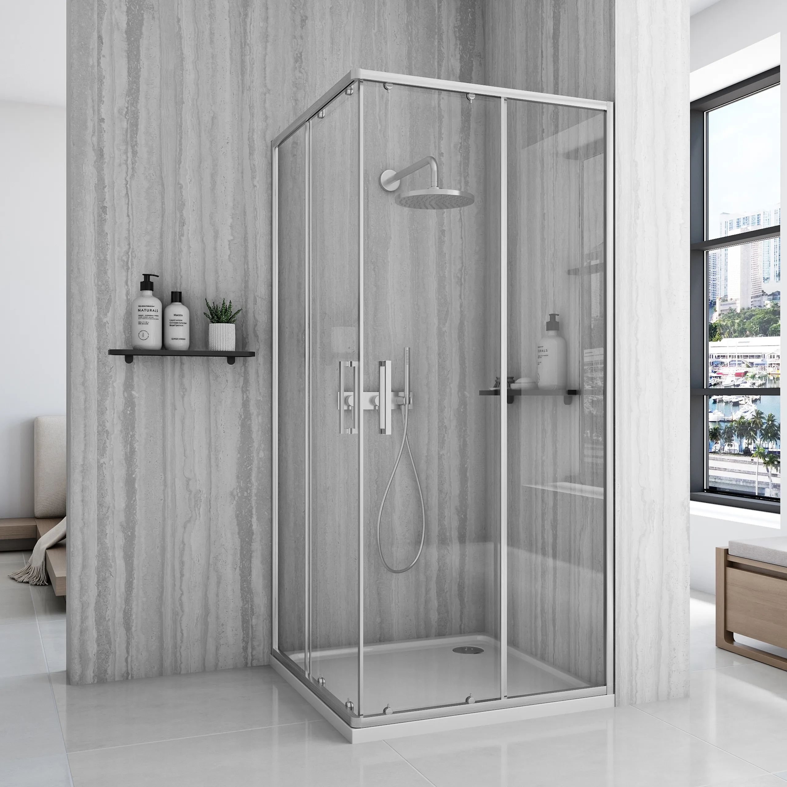Cabină duș culisantă de colț mărime 90x90 finisaj crom periat sticlă securizată de 5 mm model City Brushed Nickel [1]