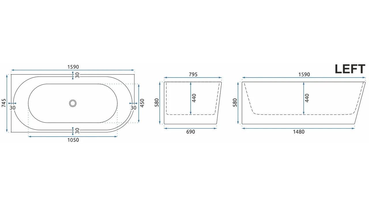 Cadă freestanding lipită de perete partea stângă formă dreptunghiulară 160x80x58 cm culoare albă model Sydney [3]