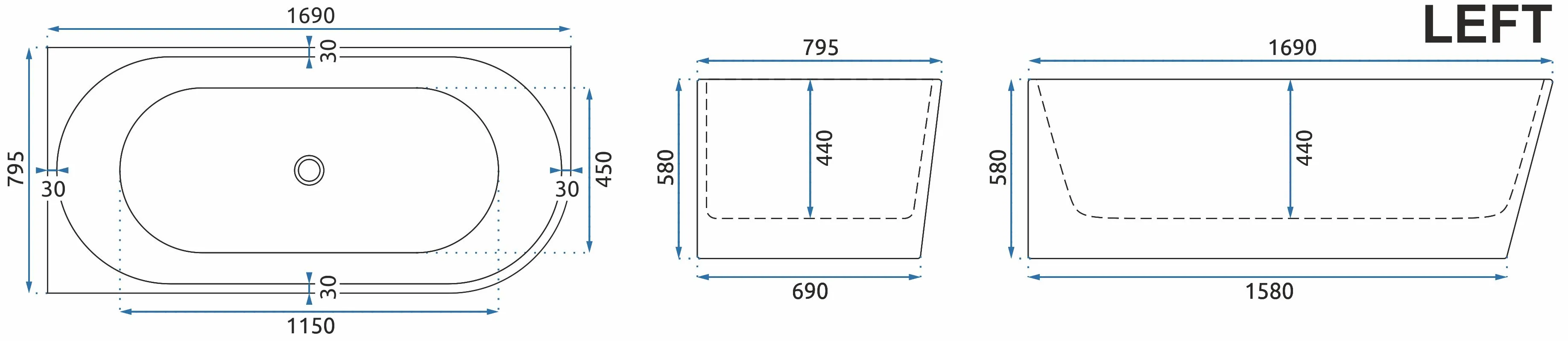 Cadă freestanding lipită de perete partea stângă mărime 169x80x58 cm culoare albă formă dreptunghiulară model Sydney White [3]