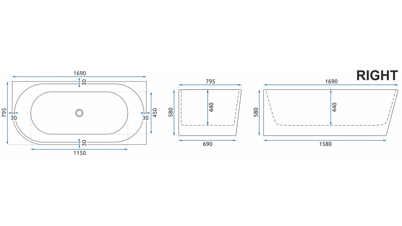 Cadă freestanding lipită de perete partea dreaptă mărime 169x80 cm culoare albă formă dreptunghiulară model Sydney White [3]