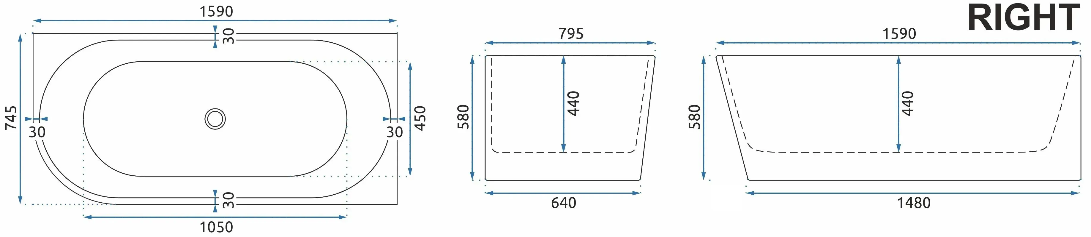 Cadă freestanding lipită de perete partea dreaptă formă dreptunghiulară 159x74x58 cm culoare albă model Sydney Bellanto [3]