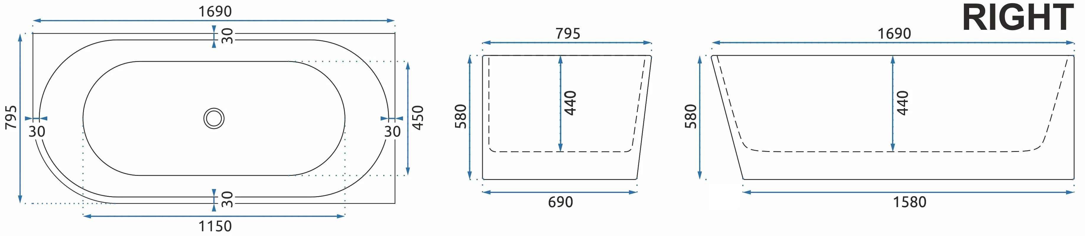 Cadă freestanding lipită de perete partea dreaptă formă dreptunghiulară 169x79x58 cm culoare albă model Sydney Bellanto [3]