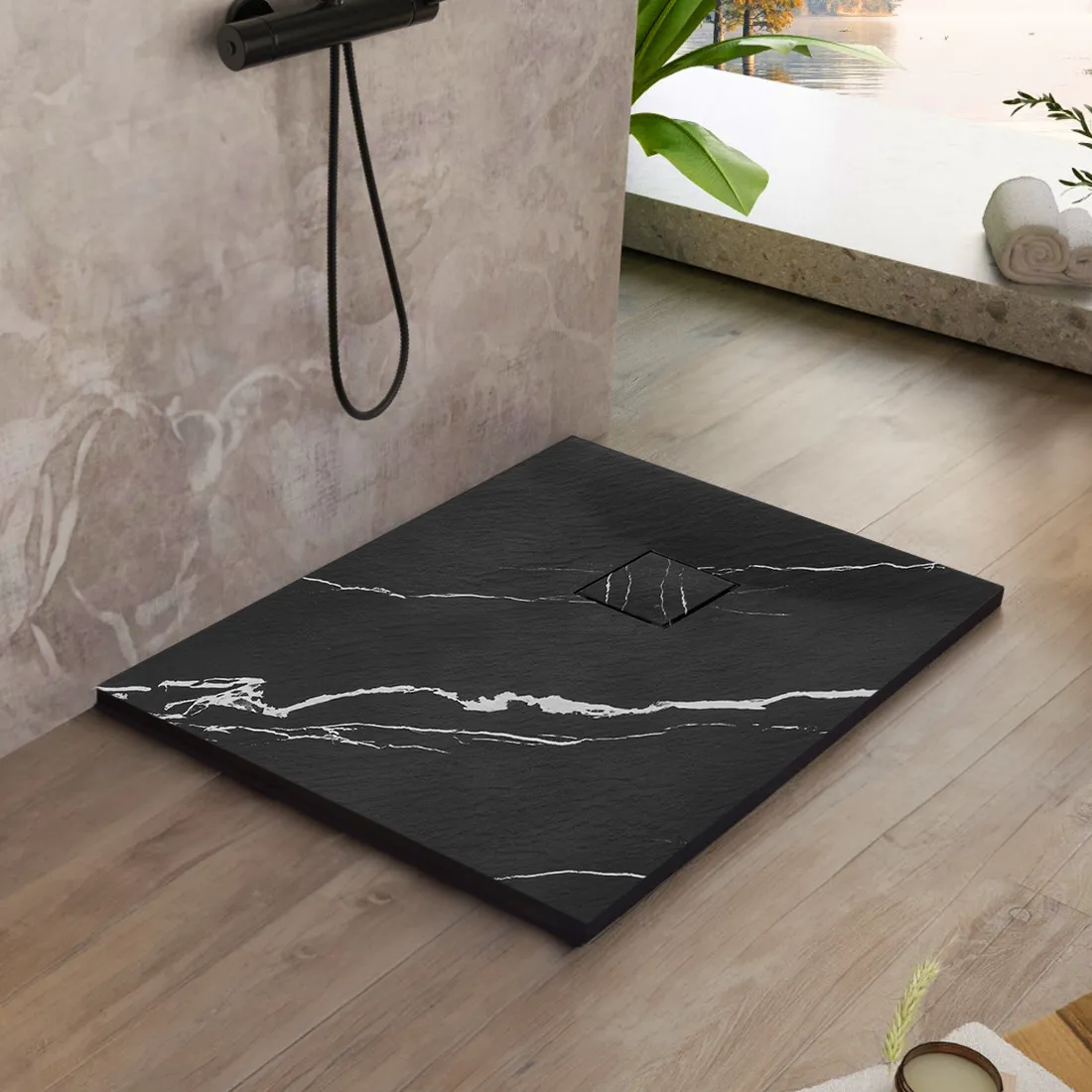 Cădiță duș mărime 90x90 cm finisaj imitație de piatră formă pătrată din acril mineral model Magnum Carrara Black [4]