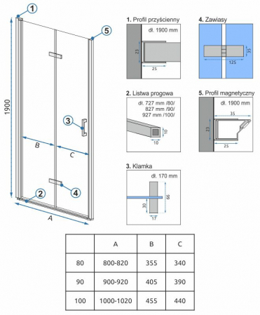 Ușă cabină duș pliabilă mărime 80 cm culoare crom lucios sticlă securizată de 6 mm model Molier Chrome [4]