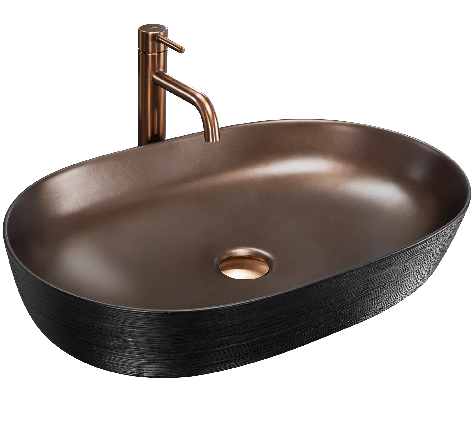 Lavoare pe blat - Lavoar baie pe blat formă ovală lungime 60 cm finisaj cupru periat și negru model Cleo Copper Brush / Black