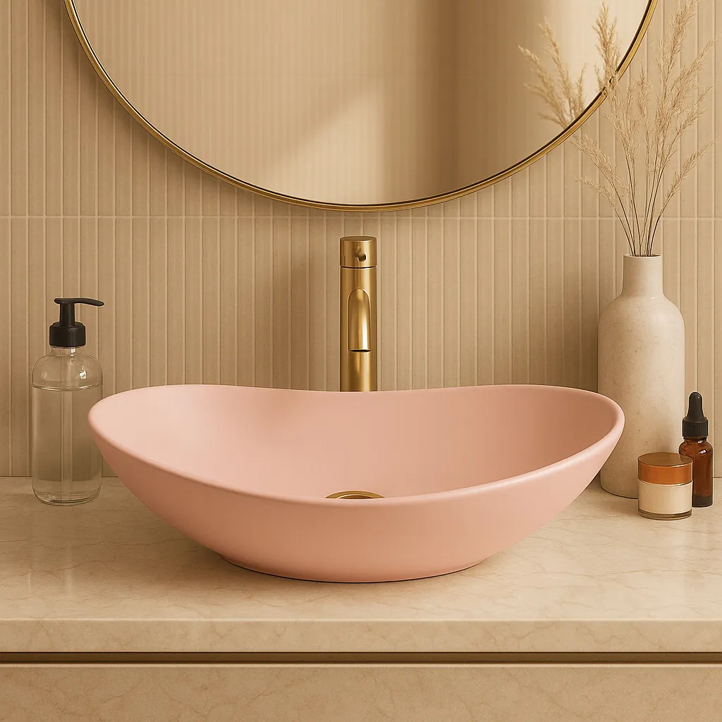 Lavoar baie pe blat formă semiovală lungime 61,5 cm culoare roz mat model Royal  Powder Pink Matt [3]
