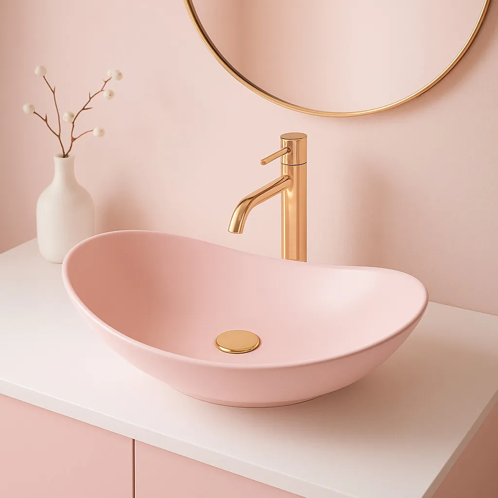 Lavoar baie pe blat formă semiovală lungime 61,5 cm culoare roz mat model Royal  Powder Pink Matt [2]
