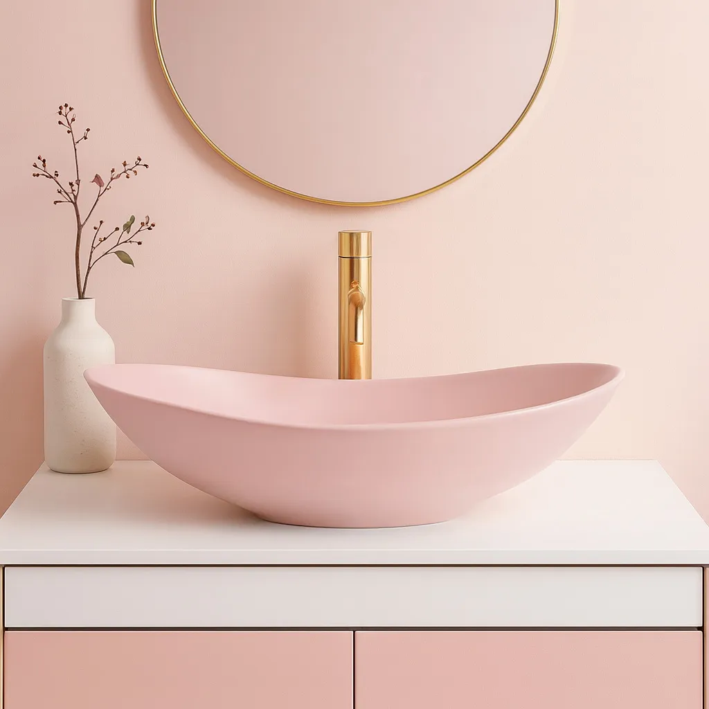 Lavoar baie pe blat formă semiovală lungime 61,5 cm culoare roz mat model Royal  Powder Pink Matt [1]
