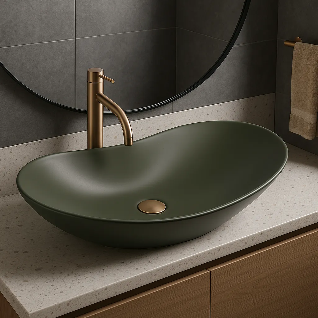 Lavoar baie pe blat formă semiovală lungime 61,5 cm culoare verde mat model Royal Olive Matt [1]