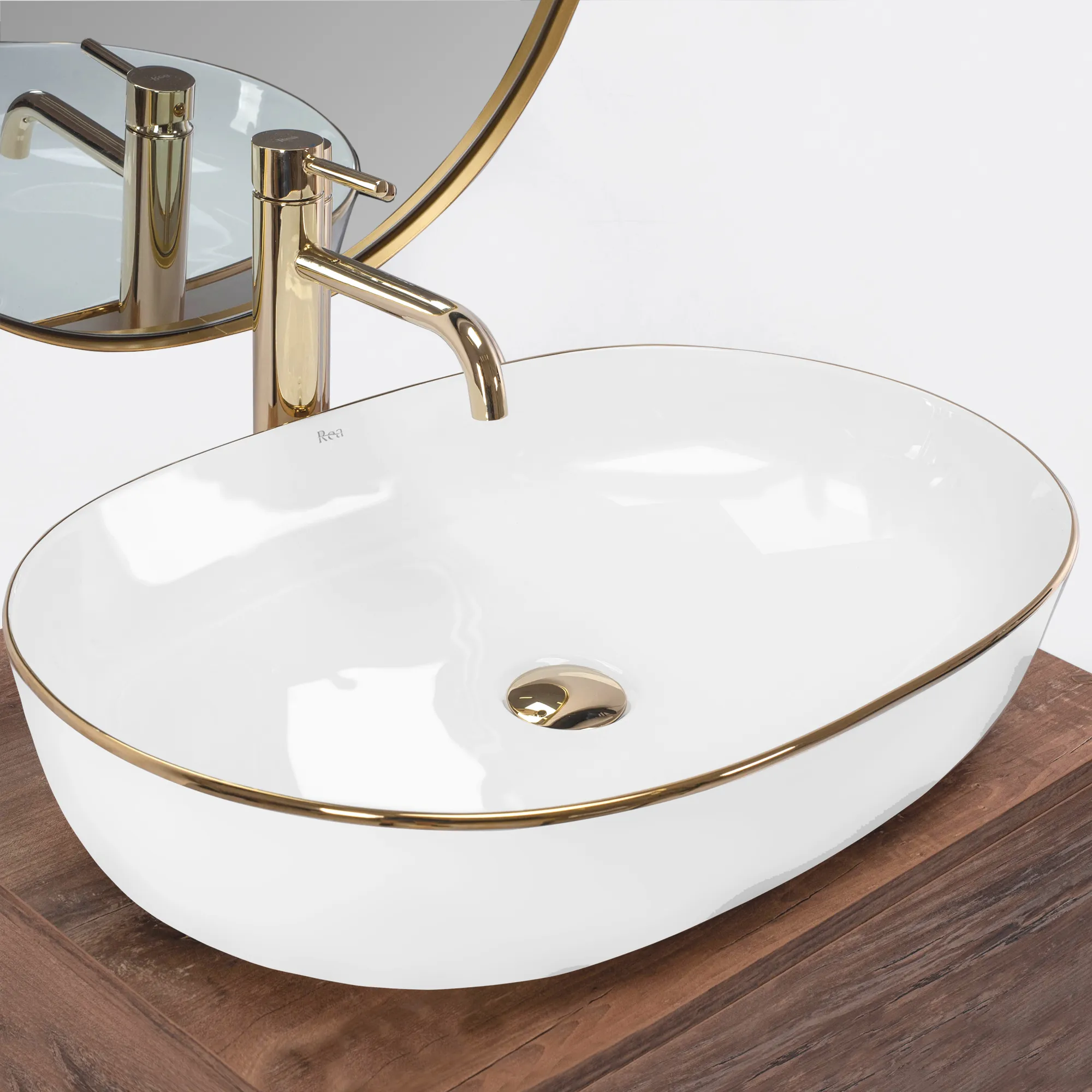 Lavoar baie pe blat formă semiovală lungime 60 cm culoare alb/auriu model Cleo White Gold [1]