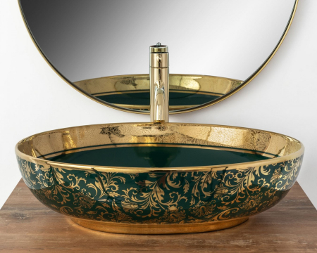 Lavoar baie pe blat formă ovală lungime 52 cm culoare multicolor model Margot Green Gold [3]