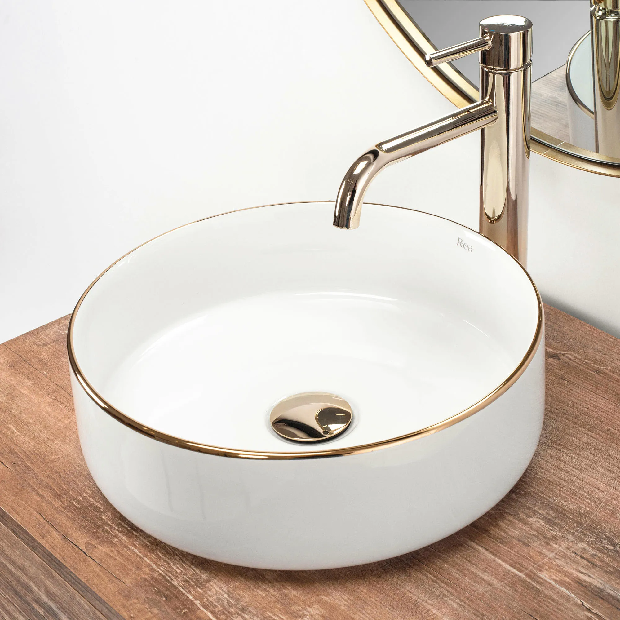 Lavoar pe blat formă rotundă lungime 36 cm culoare alb/auriu model Sami White Gold [2]