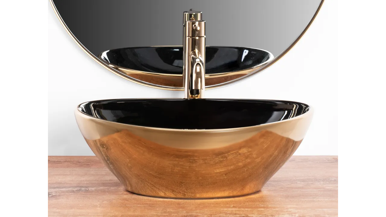 Lavoar baie pe blat formă ovală lungime 41 cm culoare auriu/negru model Sofia Black Gold [3]